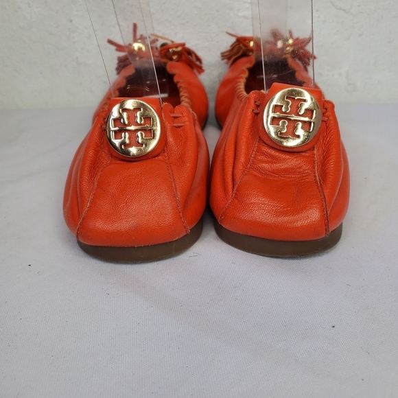 Tory Burch Reese Soft Orange Leather Stretch Bow Tassel Ballet Flats - Picture 5 of 12